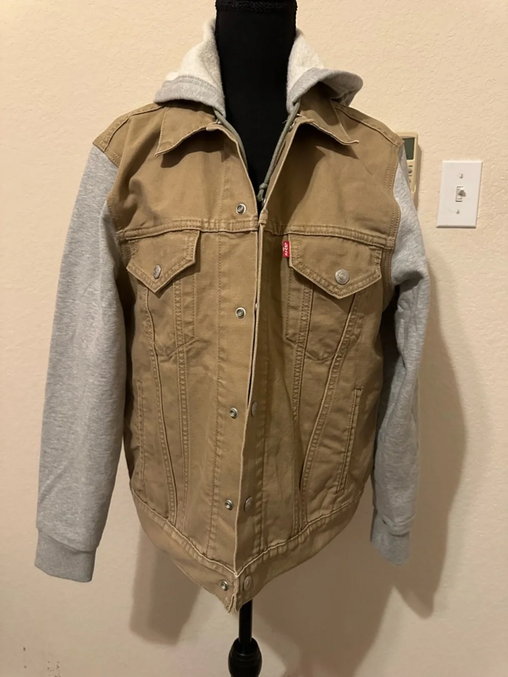 Levi's®Hybrid Tigers Eye Hoodie Jacket Tan Canvas with Gray Hoodie Sleeves. Sz S - Picture 3 of 16